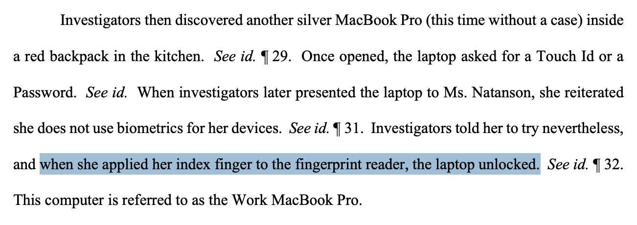 Screenshot of a court document with a passage highlighted, "when she applied her index finger to the fingerprint reader, the laptop unlocked"