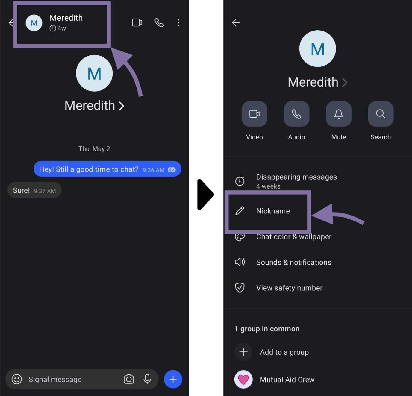 Screenshots of how to set a user's nickname. In the first screenshot of a conversation within Signal, the user clicks on the conversational partner's name at the top of the screen. From the conversational settings, the user clicks "Nickname."