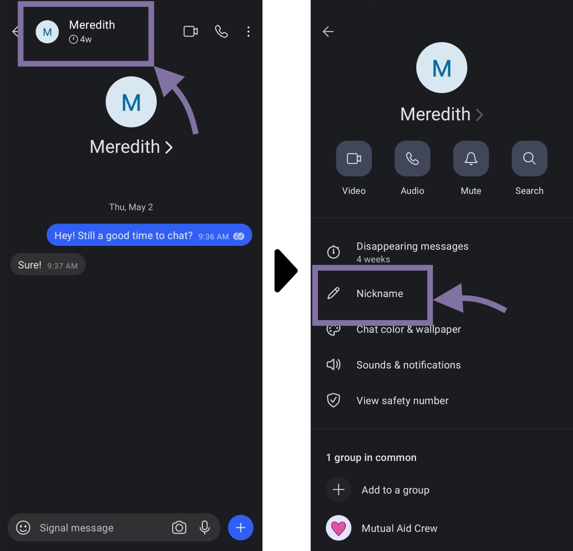 Screenshots of how to set a user's nickname. In the first screenshot of a conversation within Signal, the user clicks on the conversational partner's name at the top of the screen. From the conversational settings, the user clicks "Nickname."