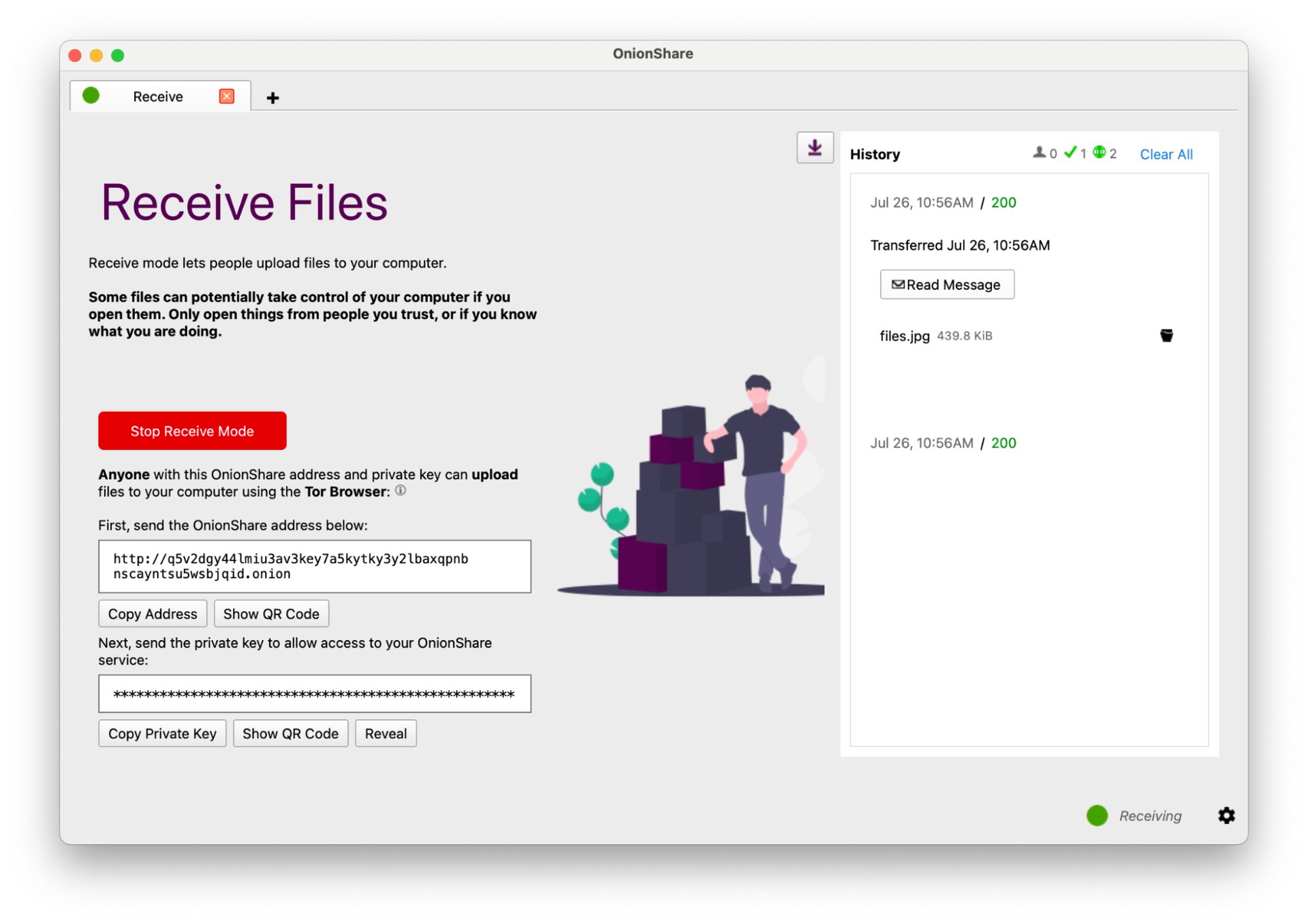 Screenshot of uploaded files within OnionShare when "Receive Mode" is enabled