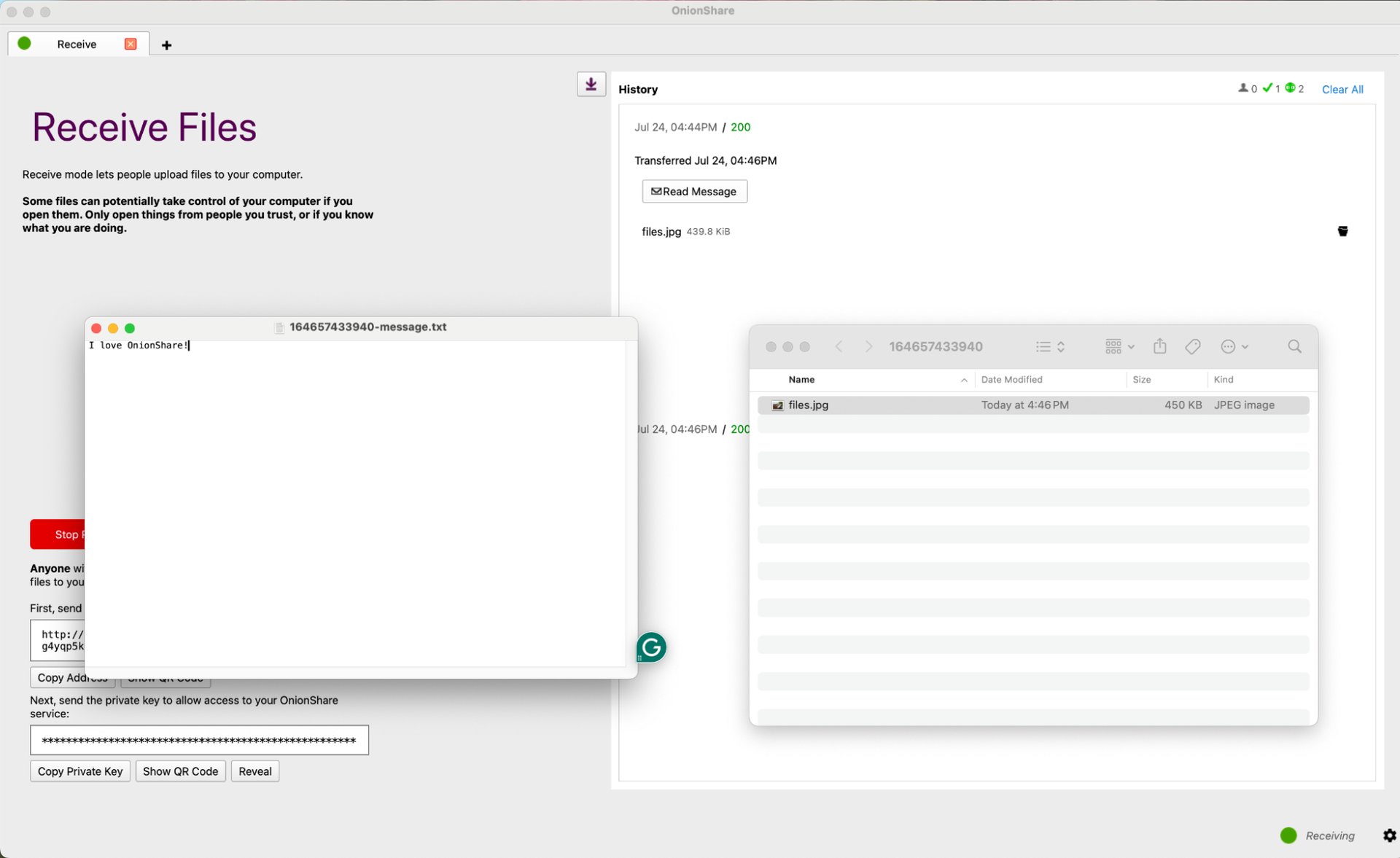 Screenshot of uploaded messages and files within OnionShare