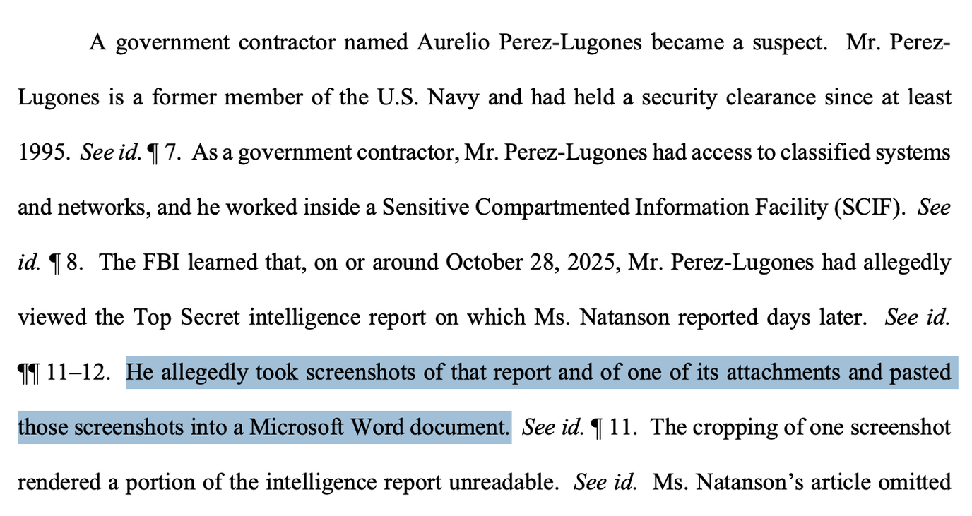 Court document that highlights a passage reading, "He allegedly took screenshots of that report and of one of its attachments and pasted those screenshots into a Microsoft Word document."