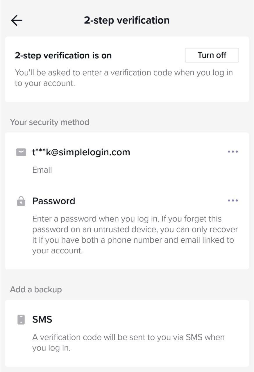 Screenshot of 2-step verification setup screen within TikTok