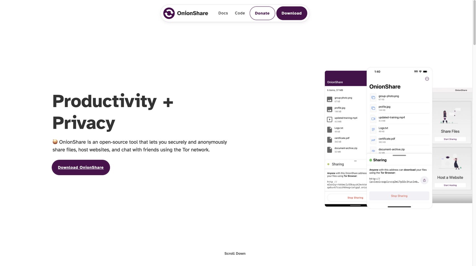 Screenshot of the OnionShare landing page