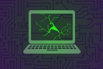 Image of a green glowing laptop with a cracked screen bordered by circuitry in the background.