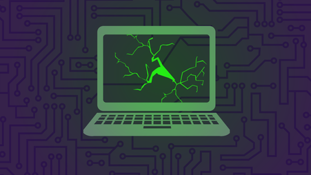 Image of a green glowing laptop with a cracked screen bordered by circuitry in the background.