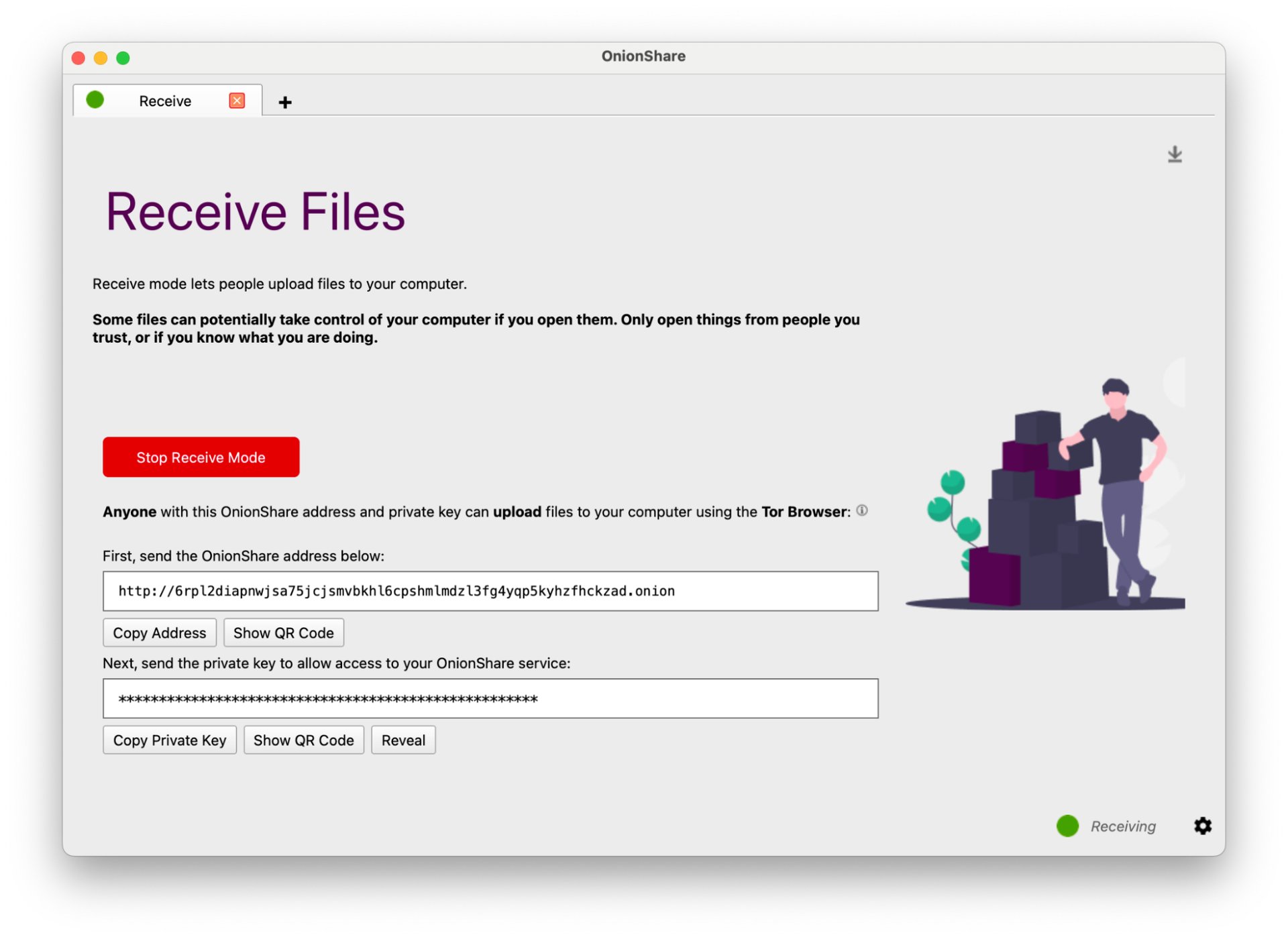 Screenshot of "Receive Mode" enabled, including the .onion URL and private key to allow access to the OnionShare service.