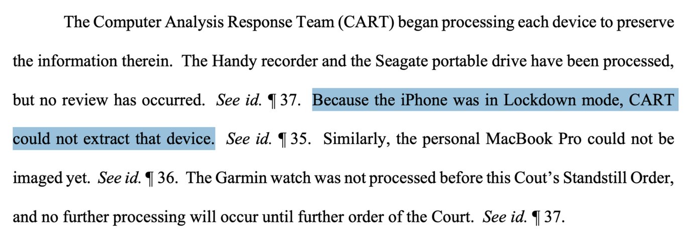 Screenshot of a court document with a passage highted that reads, "Because the iPhone was in Lockdown mode, CART could not extract that device."