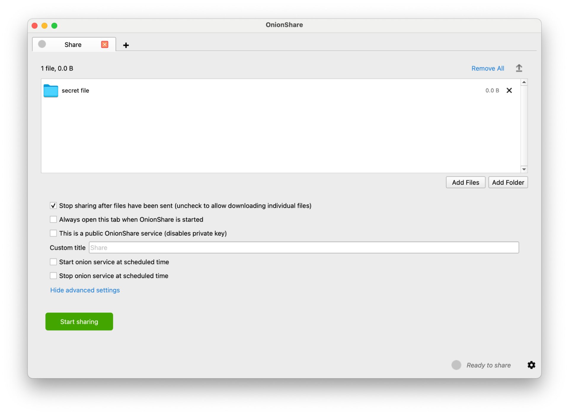 Screenshot showing the menu for changing your file sharing settings within OnionShare.