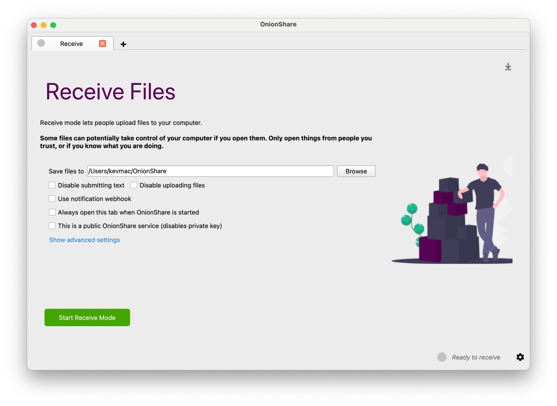 Screenshot of the menu for receiving files, including optional custom settings.