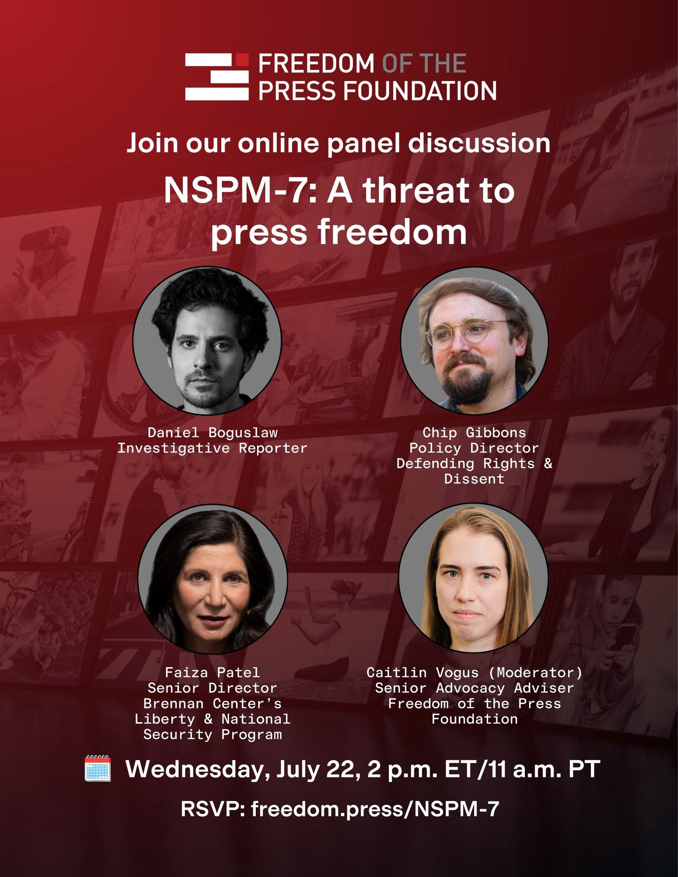 Flyer for July 22 online event on presidential memo NSPM-7 with Daniel Boguslaw, Chip Gibbons, and Faiza Patel