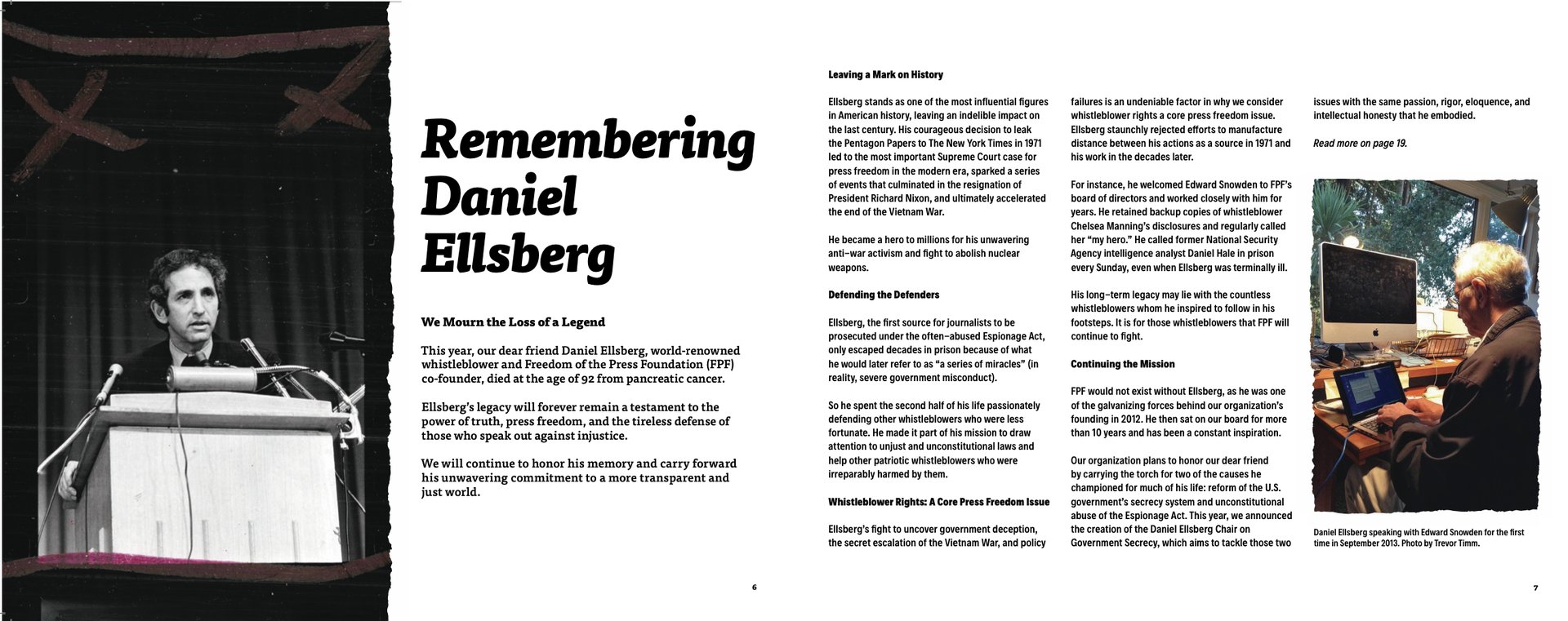 A screenshot of Freedom of the Press Foundation's impact report, honoring Daniel Ellsberg.