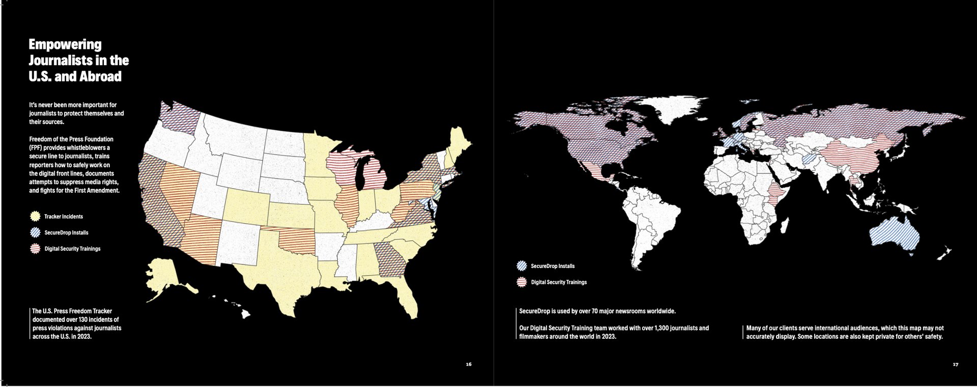 A screenshot of Freedom of the Press Foundation's impact report, with a map showcasing FPF's initiatives around the world.
