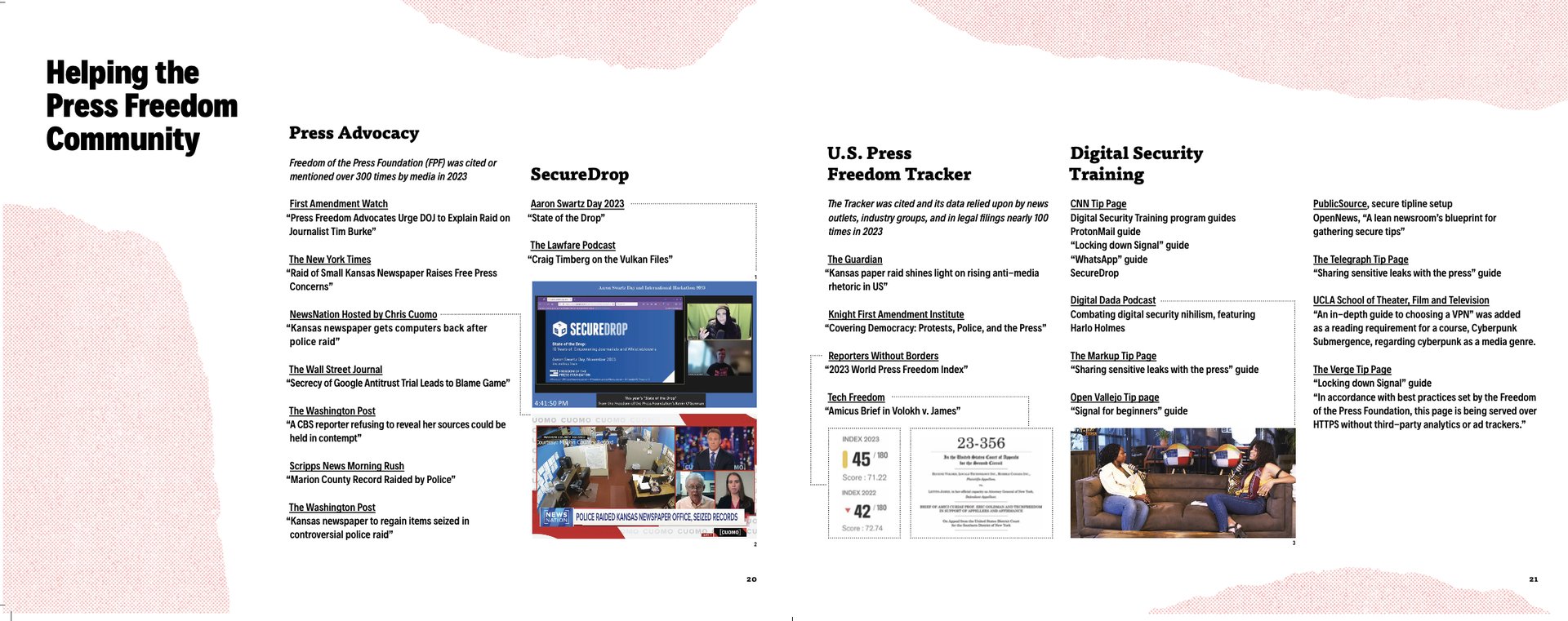 A screenshot of Freedom of the Press Foundation's impact report, with mentions and citations of FPF in the media.