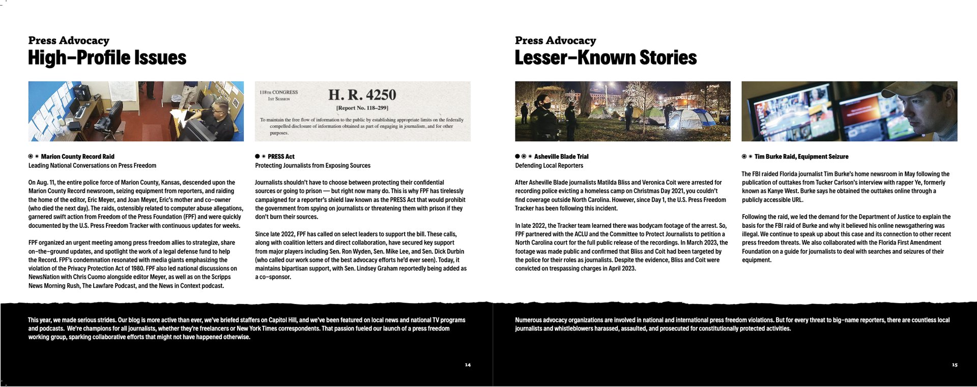 A screenshot of Freedom of the Press Foundation's impact report, with examples of FPF's advocacy efforts.