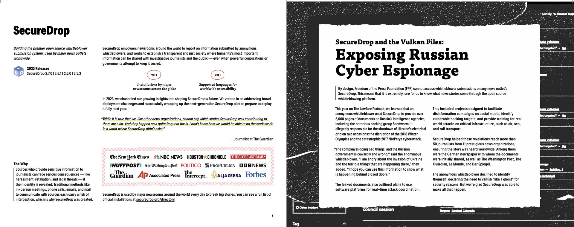 A screenshot of Freedom of the Press Foundation's impact report, with a description of an anonymous whistleblower's use of SecureDrop.