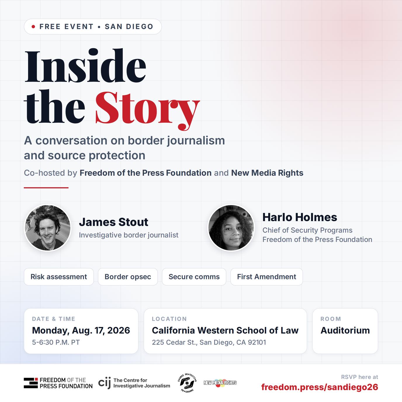 Announcement for event titled "Inside the Story: A conversation on border journalism and source protection" on August 17