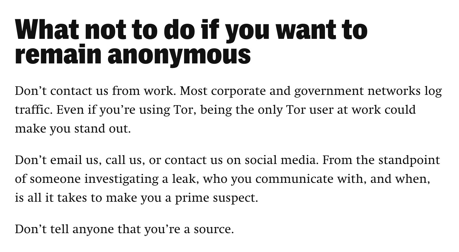 Screenshot from The Intercept's Whistleblower Tip Page, telling readers not to contact the Intercept at work, nor to email, call or contact on social media. They also say not to tell anyone you're a source.