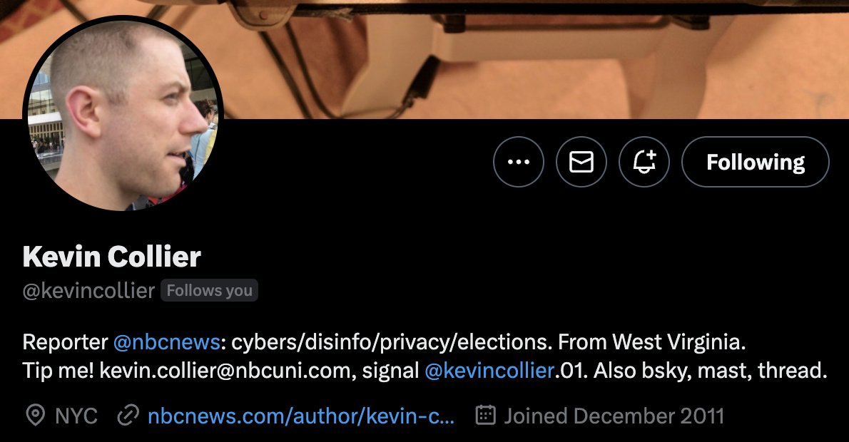 Kevin Collier's X social media bio