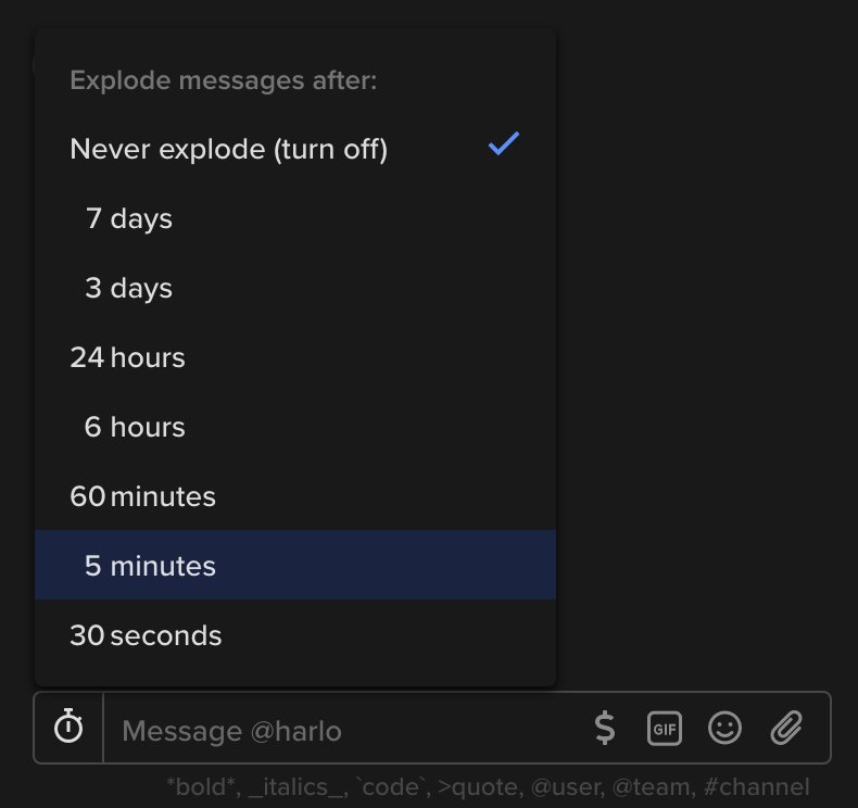 Screenshot of an "exploding message" dropdown menu within Keybase, showing options for having messages automatically delete between 30 seconds and 7 days.