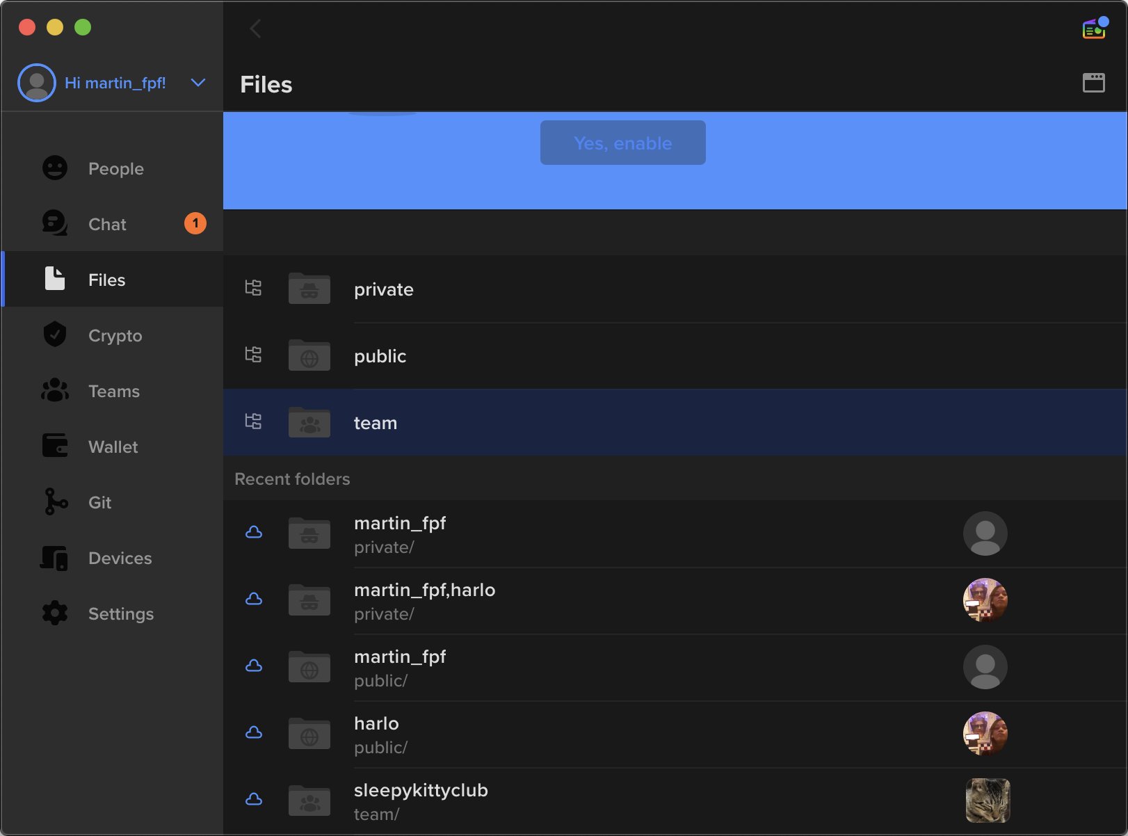 Screenshot of the "File" tab within Keybase, showing private, public, and team folders, as well as some of the attached folders available.