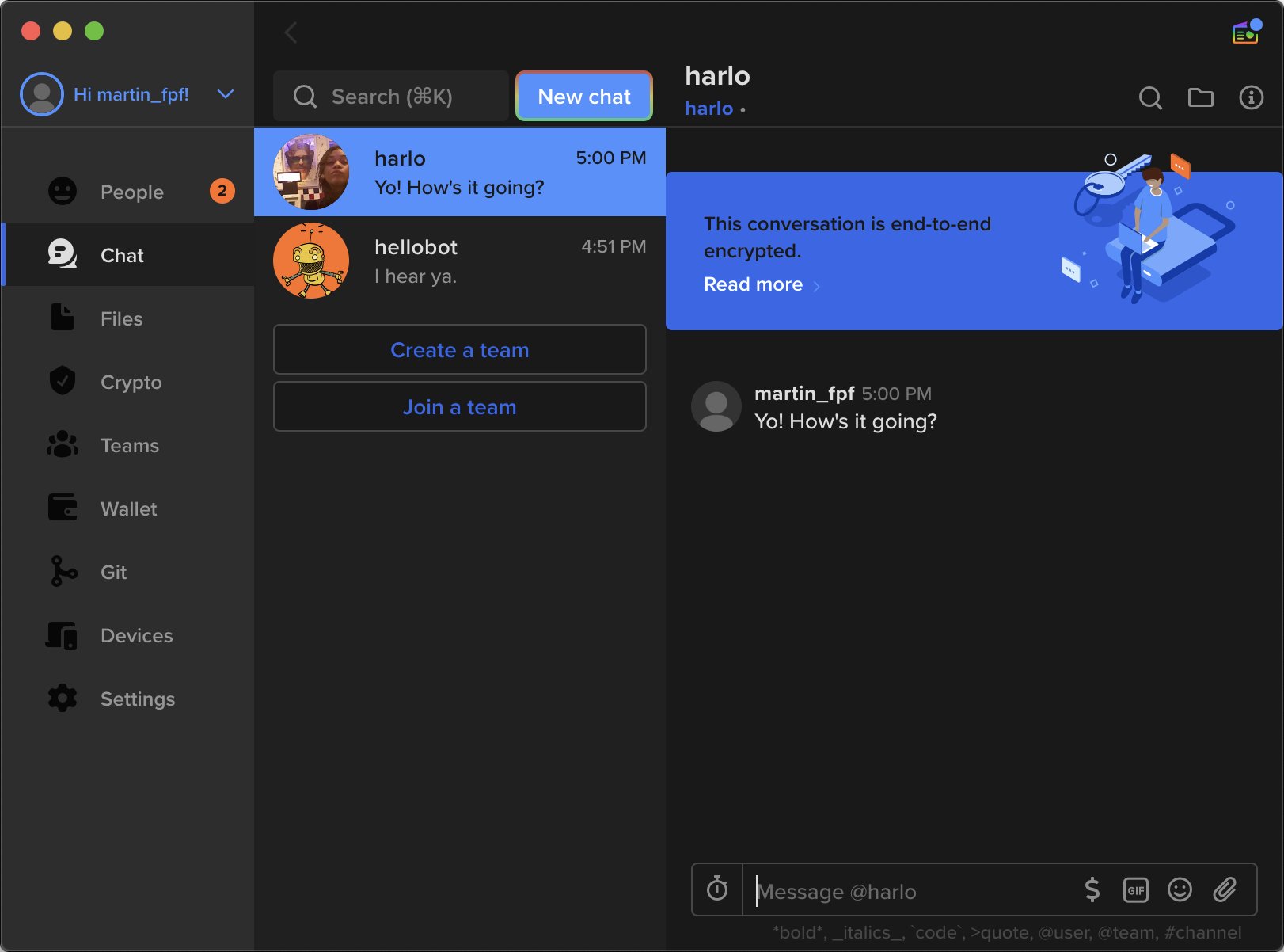 A screenshot of Keybase with an open chat window. One user sends to another, "Yo! How's it going?"