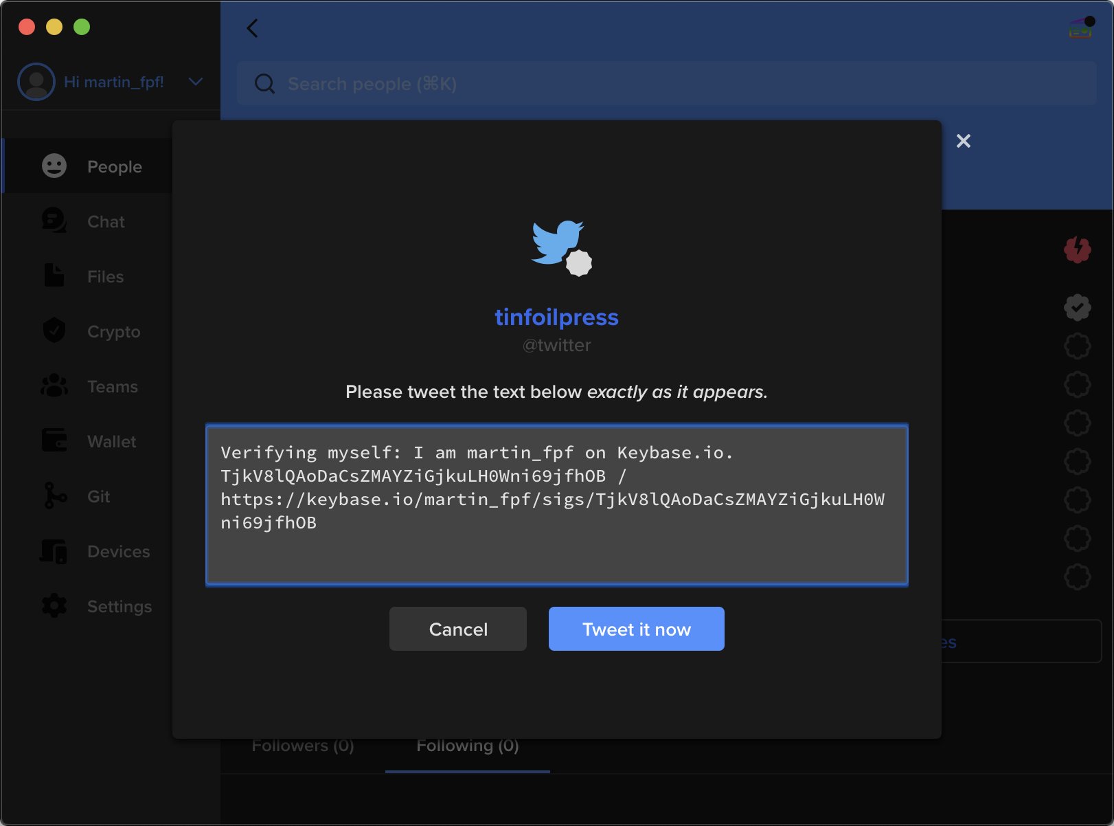 Screenshot of a Keybase proof, intended to be posted to Twitter. The proof says, "I am martin_fpf at Keybase.io" followed by a random string of characters and a link to the Keybase profile signature, intended for Keybase's systems to identify the user.