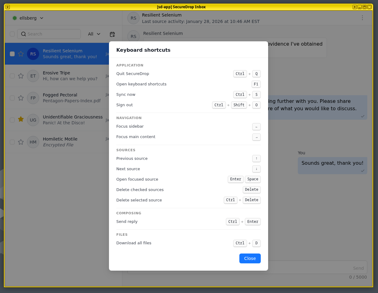A screenshot of the menu of keyboard shortcuts in SecureDrop Inbox