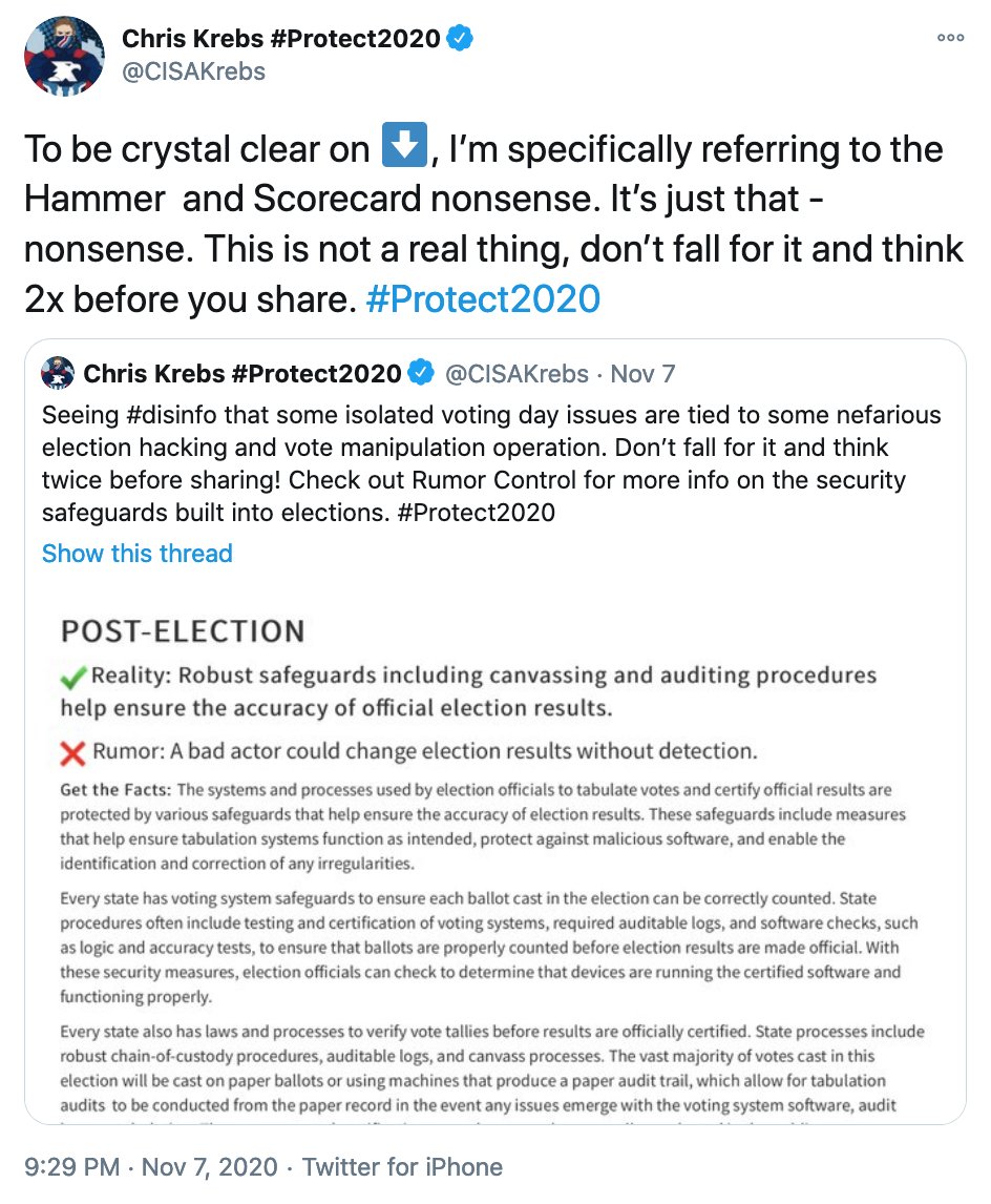 A screenshot from CISA Director Chris Krebs' Twitter, where he says the claims regarding Hammer and Scorecard are "nonsense."