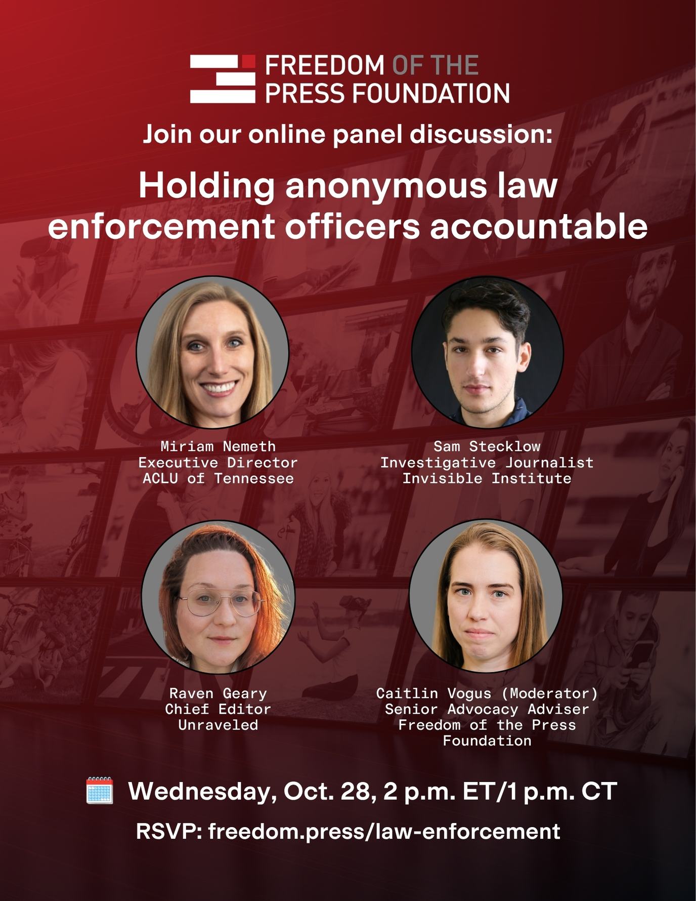 A flyer for an event titled "Holding anonymous law enforcement officers accountable," with images of four panalists.