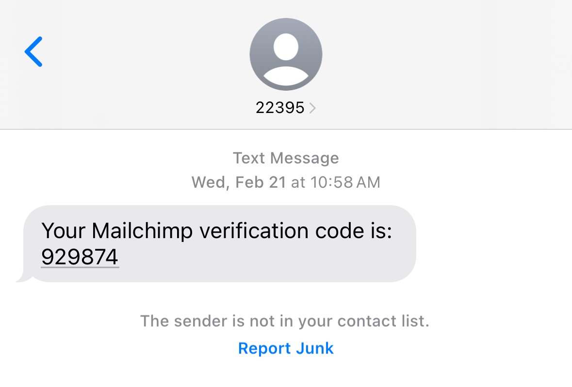 Screenshot of a 2FA code sent over SMS text message