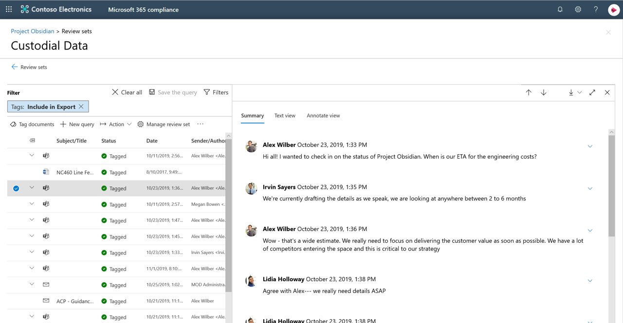 Screenshot of e-discovery features in Microsoft 365