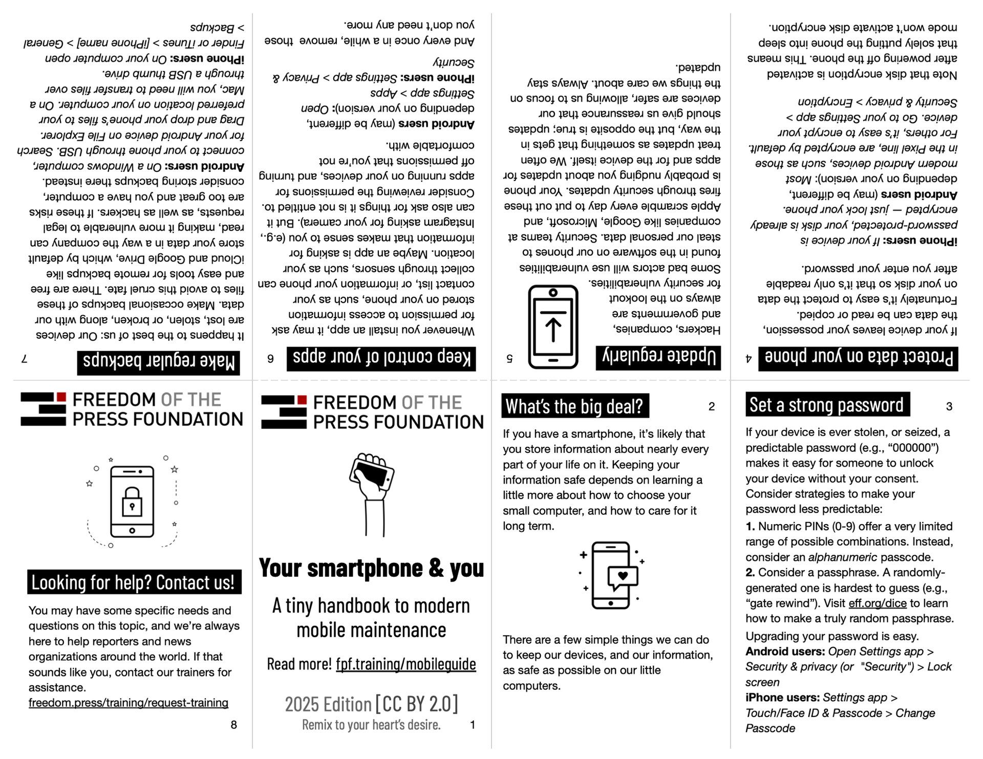 Our Freedom of the Press Foundation zine, "your smartphone and you," displaying a title page, and 8 panels on strong password security, disk encryption, the importance of updates, backups, auditing app permissions, as well as our contact information.