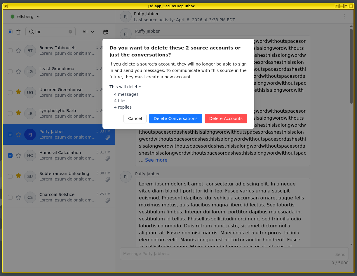 A screenshot of a pop-up in SecureDrop Inbox asking whether the user would like to delete two source accounts or just the conversations