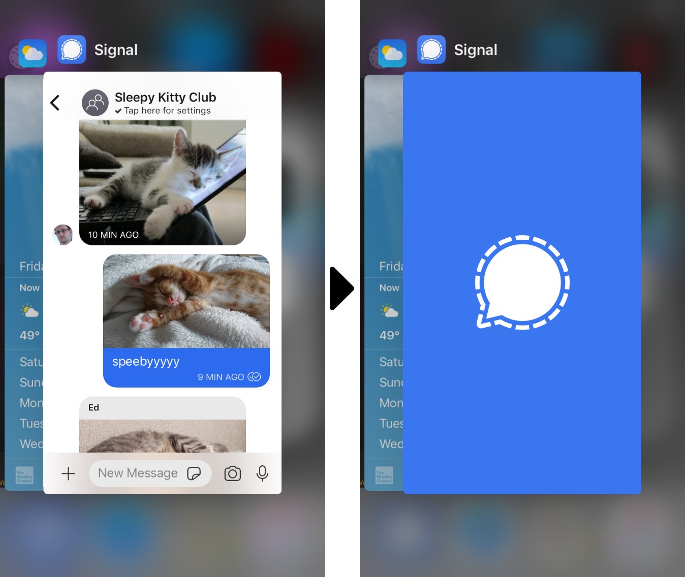 Screenshots showing the differences between the operating system's app switcher when screen security is disabled and shows content from messages (left) versus when screen security is enabled and prevents messages from being read in the app switcher.