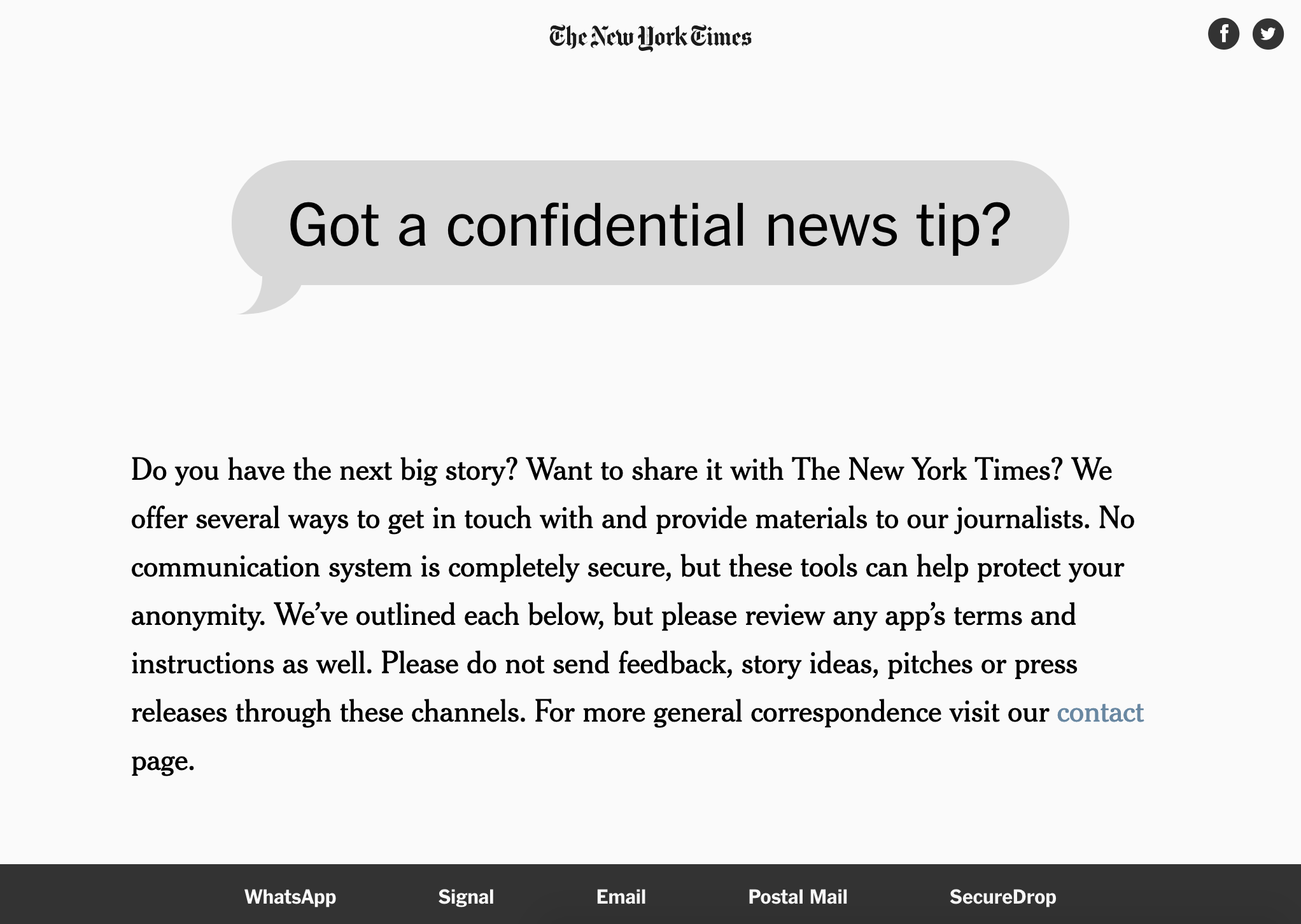 Screenshot from The New York Times' confidential tip page.