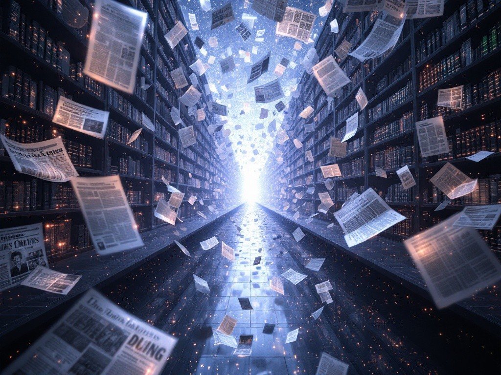 newspapers falling/FPF, AI-generated image (Imagen), public domain