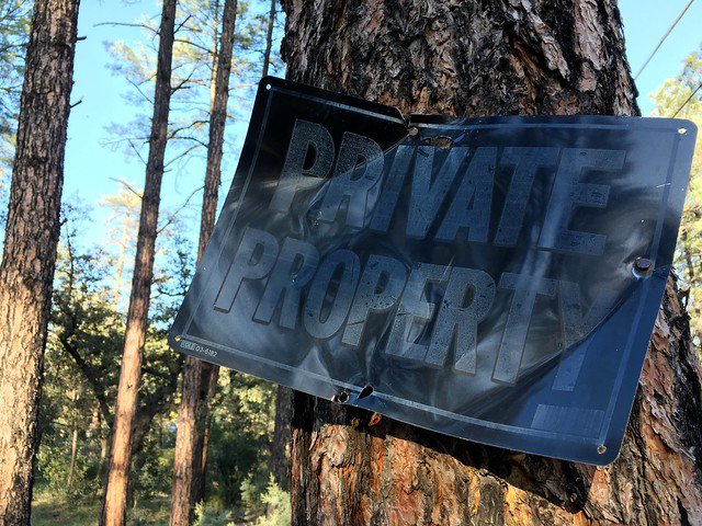 A header image of a metal sign mounted on a tree in a forest reading, "private property."