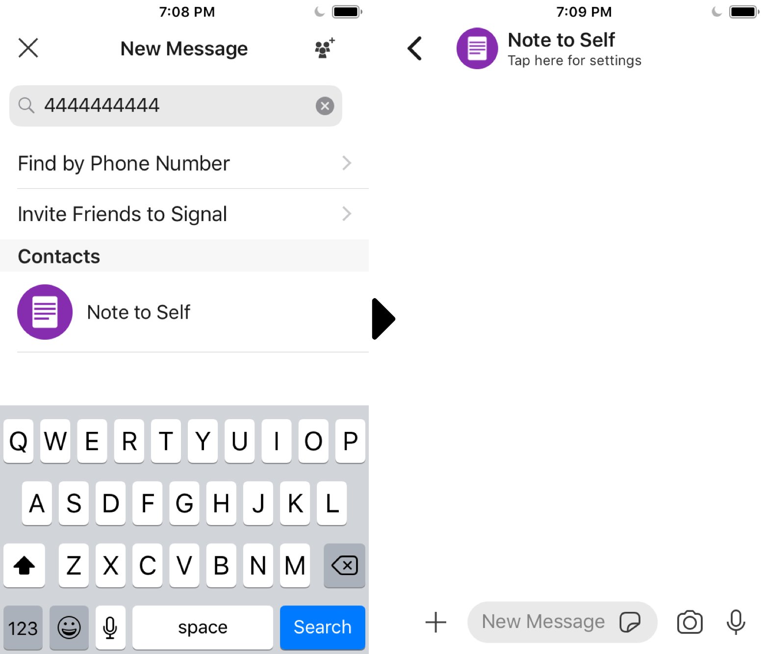 A screenshot demonstrating how to find and compose in the "Note to Self" feature in Signal