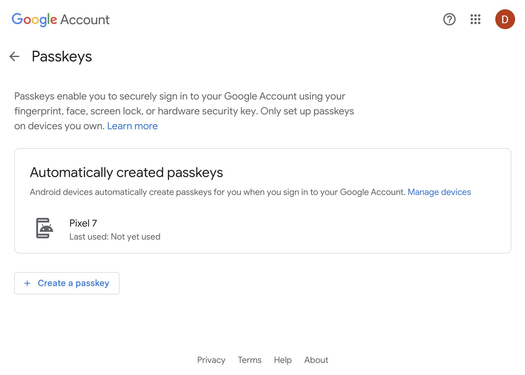 Screenshot from Google's passkey settings page