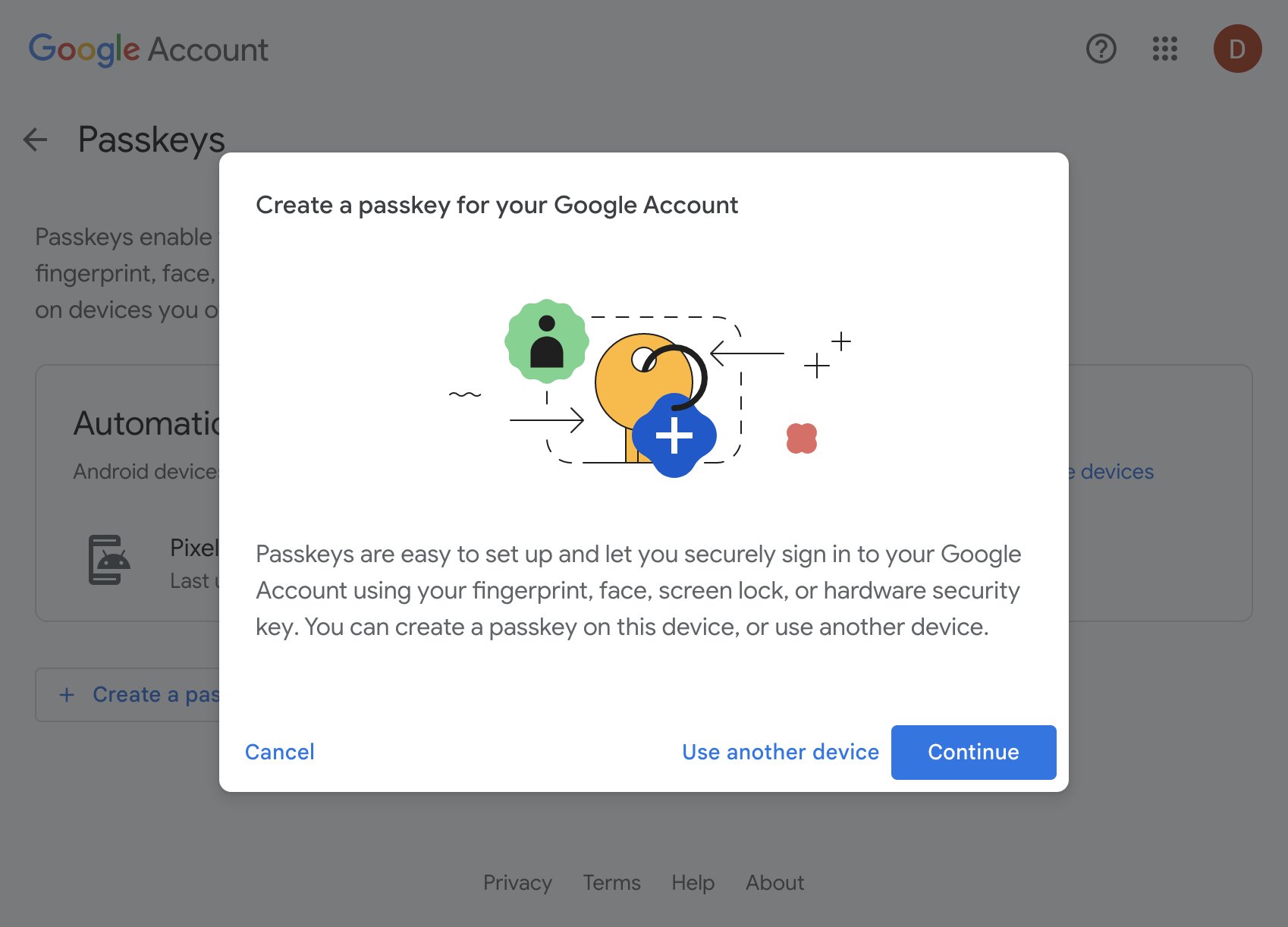 Screenshot from Google's passkey setup flow