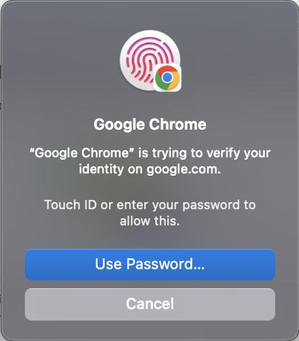 Prompt that says "Google Chrome is trying to verify your identity on google.com" and asking the user to type in their password or use their fingerprint to confirm