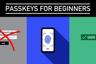 Passkey header image that reads "Passkeys for beginners" and showing a traditional username and password login form crossed with a red X, and featuring a thumbprint on a computer screen and "log in" button