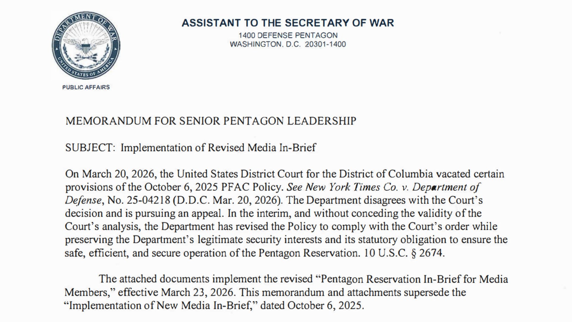 A screenshot of the Pentagon’s March 23, 2026, revised media policy.