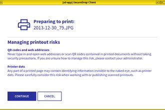 A dialog screen custom to SecureDrop. It shows that a document is about to be printer, and warns the user about risks that may remain present in printed documents (QR codes and printer dots).