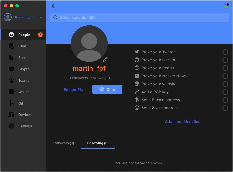 Screenshot of a Keybase profile, with a series of sad, unused proofs, marked by a lack of a verification badge.