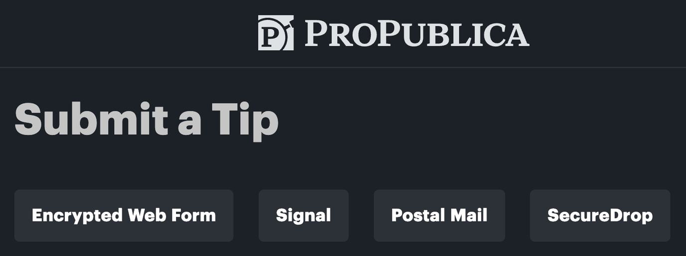 Screenshot from ProPublica's confidential tip page.