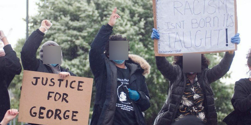 Header image of three protesters holding up signs in recognition of the movement for black lives, each with their faces blurred out of the photo.