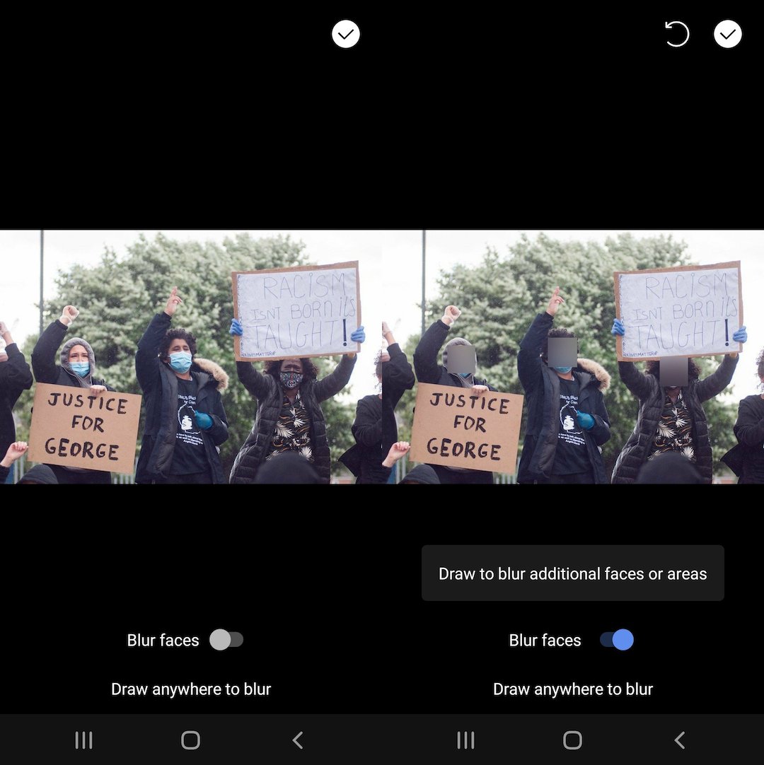 Two images side by side. Left: Signal's "blur faces" toggle disabled, revealing subjects' faces. Right: with the "blur faces" toggle enabled, subjects' faces are blurred out.