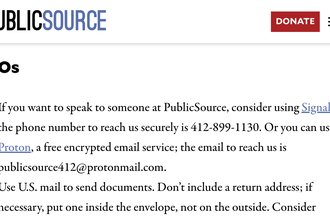 Screenshot from PublicSource's tip page providing information about how to reach out using Signal
